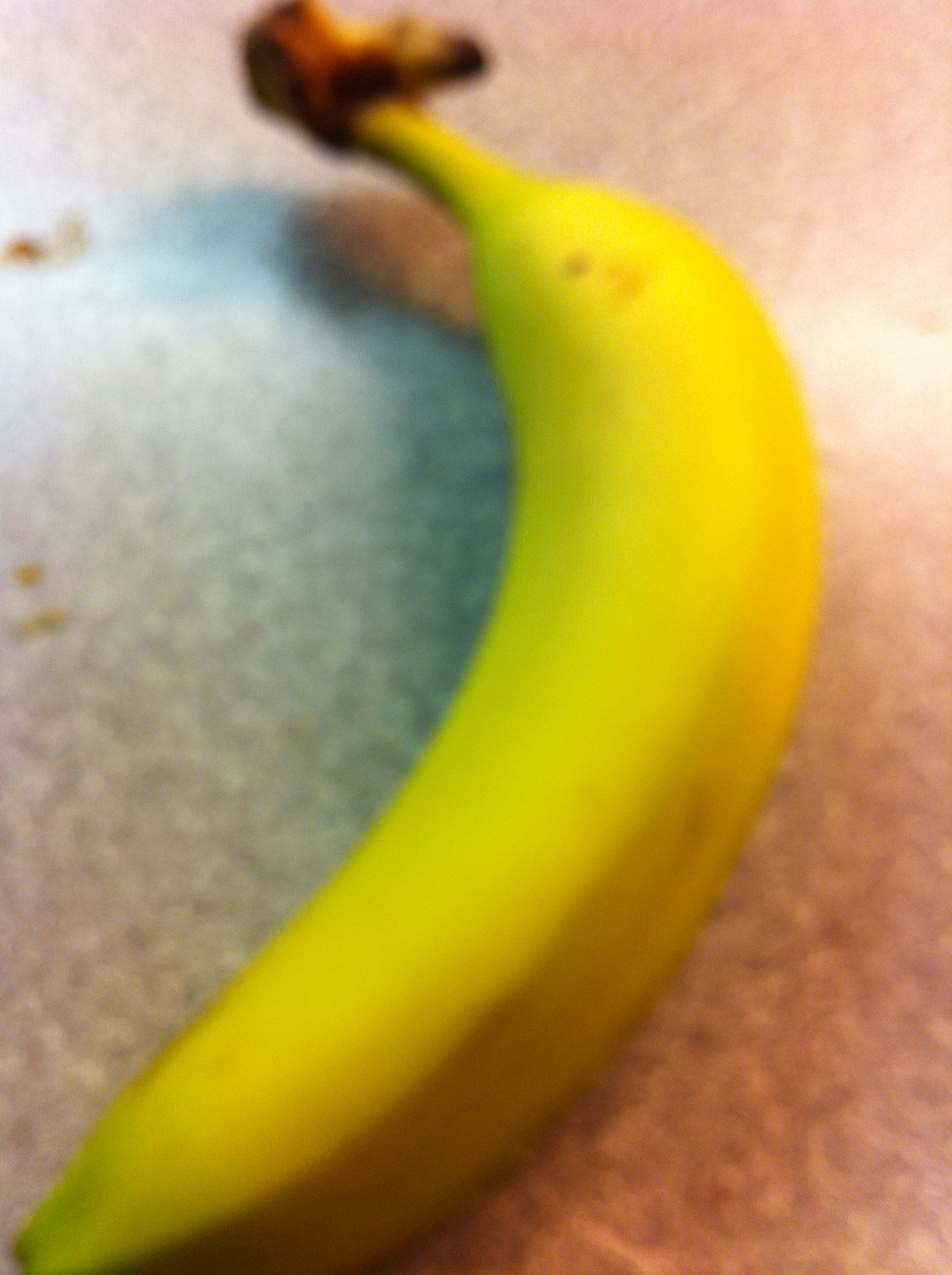 A fresh banana that is a little green and mostly yellow.