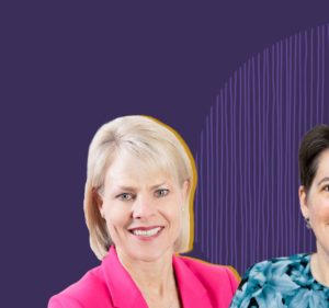 Two women against a purple background