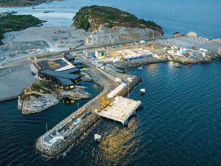 An aerial view of the Northern Lights' carbon dioxide receiving terminal beside the sea