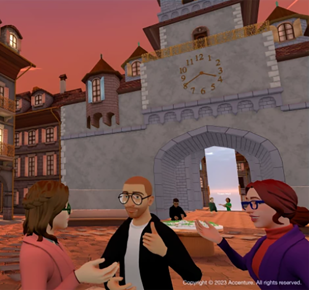 Three personalized avatars meet in an immersive metaverse experience in a European village square