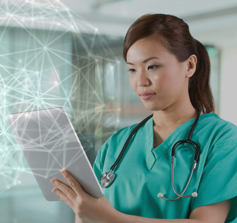 Nurse viewing what's on her tablet computer