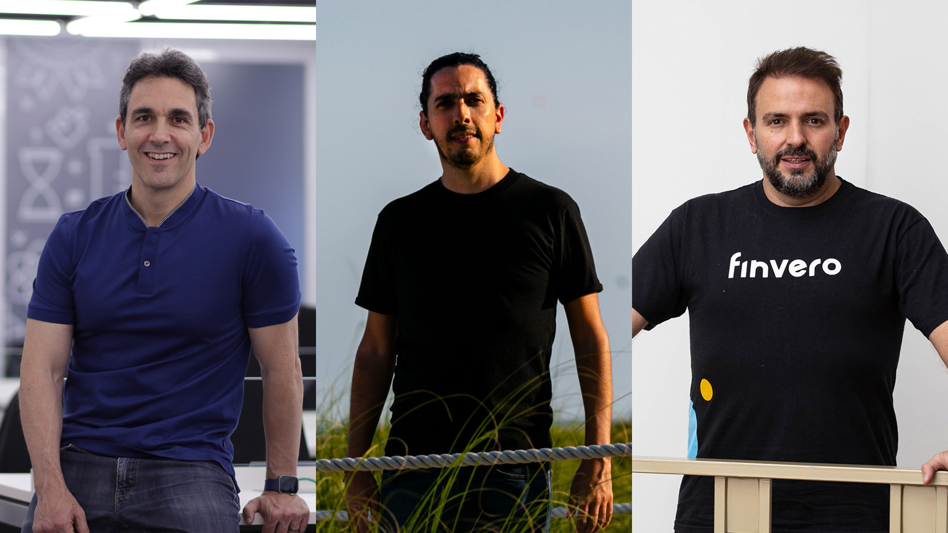 A collage of three men, from left to right, standing in an office, in a field, and a balcony