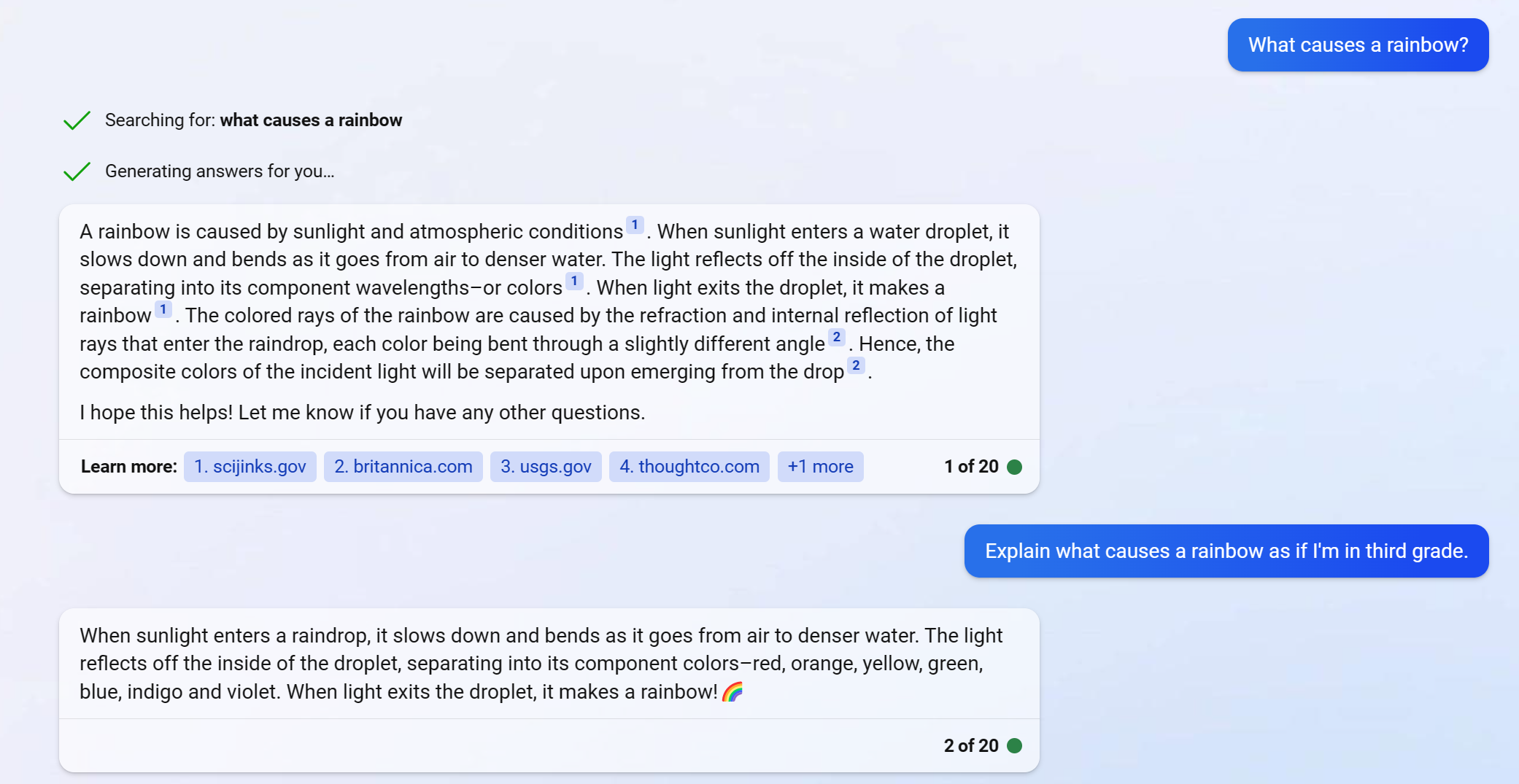 Bing Chat conversation that shows an explanation of what causes a rainbow at a 3rd grade level.