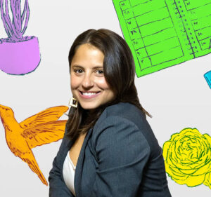 Smiling woman with four drawings in the background