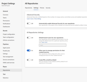 Project settings screen from GitHub Advanced Security for Azure DevOps