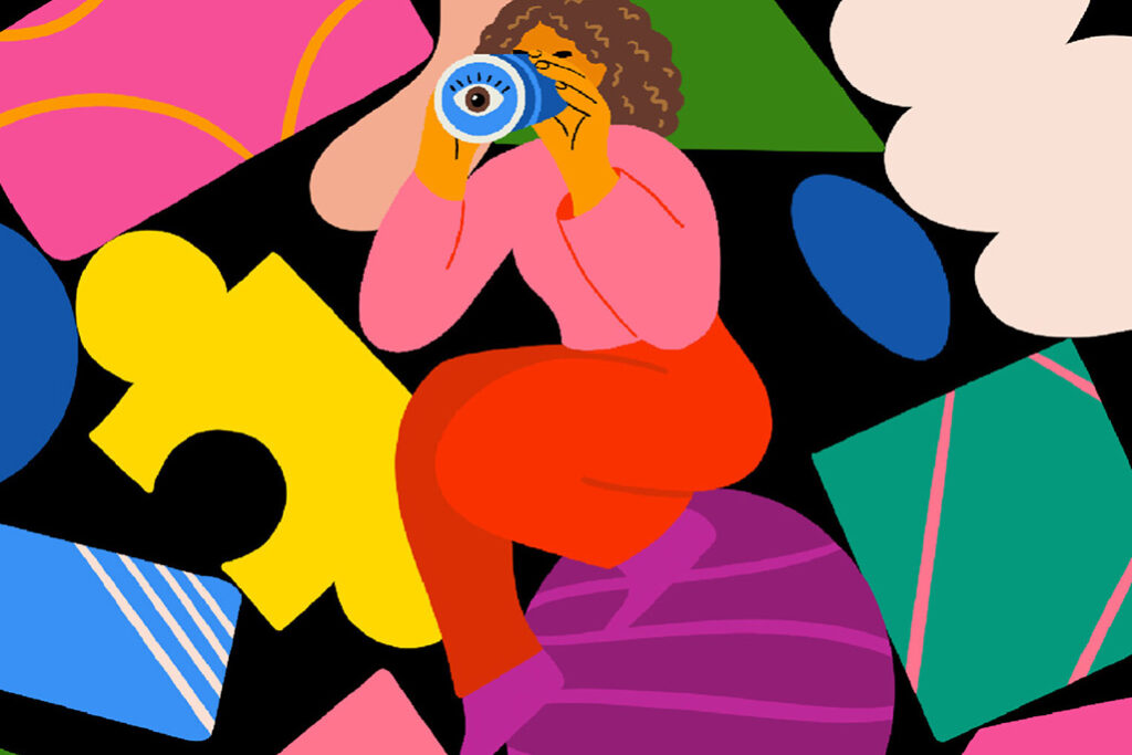 Cartoon of a woman looking through a telescope, surrounded by shapes including a cloud and a puzzle piece