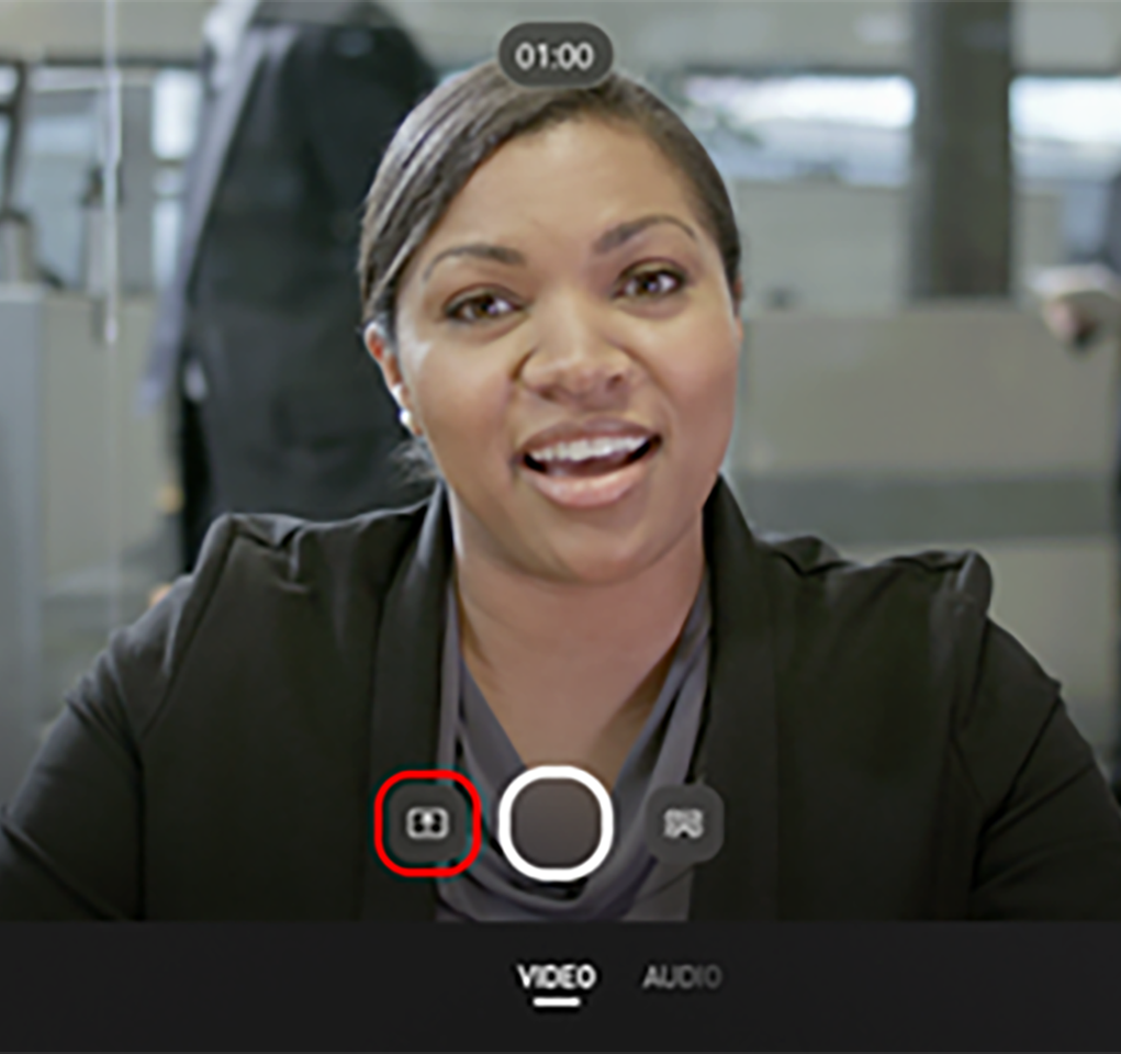 Woman in a Teams meeting, along with buttons to record her image