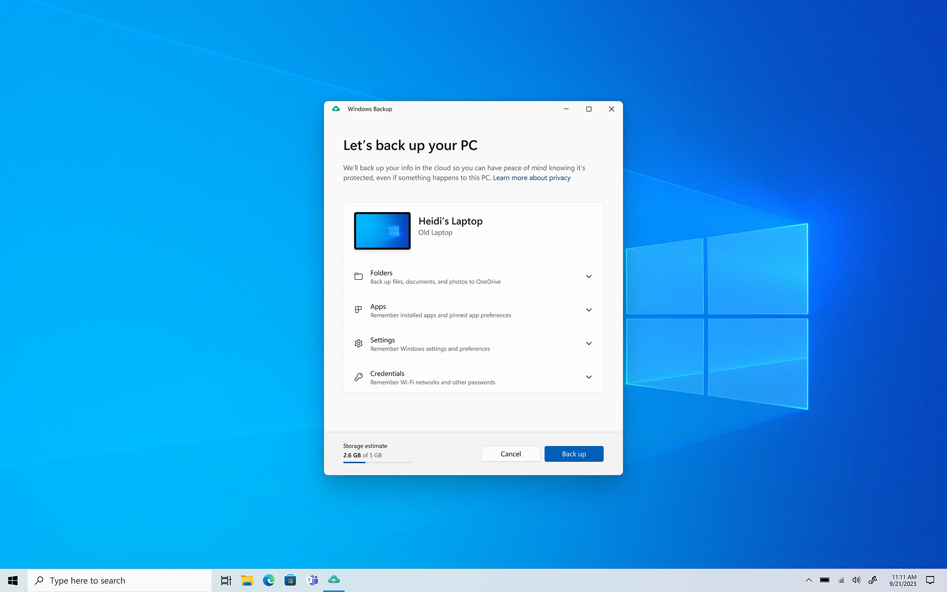 Screenshot of Windows 11 backup dialog box