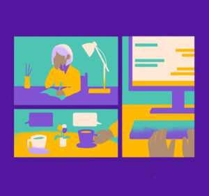 Four panels each with illustrations of different ways to have a conversation, in person and online