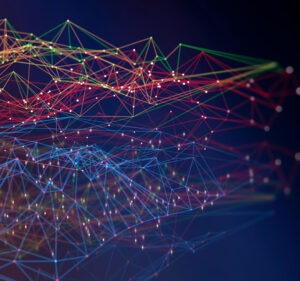 Dots connected by lines of different colors against a black background