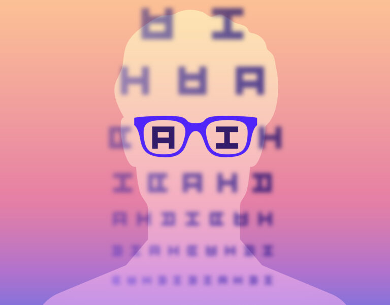 A person with AI glasses on a multi colored background