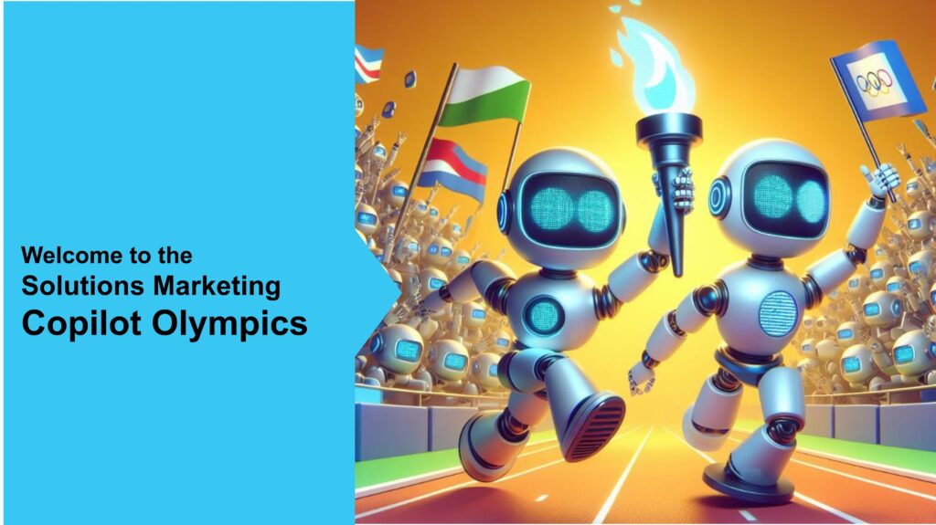 PowerPoint slide of cartoon robots holding torches to depict Lumen Technologies' Copilot Olympics event. 