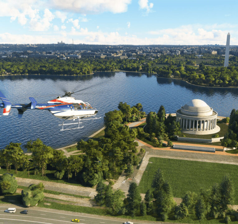 Helicopter flying over monuments in Washington, D.C.