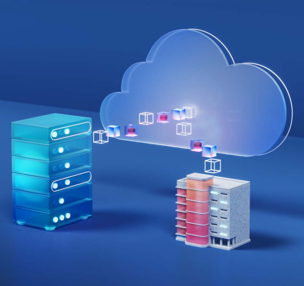 Graphic depiction of data being migrated through the cloud from one datacenter to another