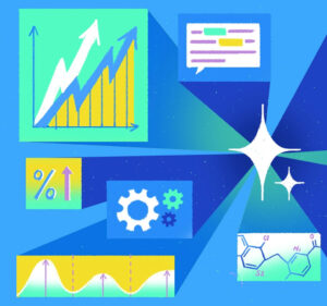 Collage of images of graphs, a gear, a chemical element and more