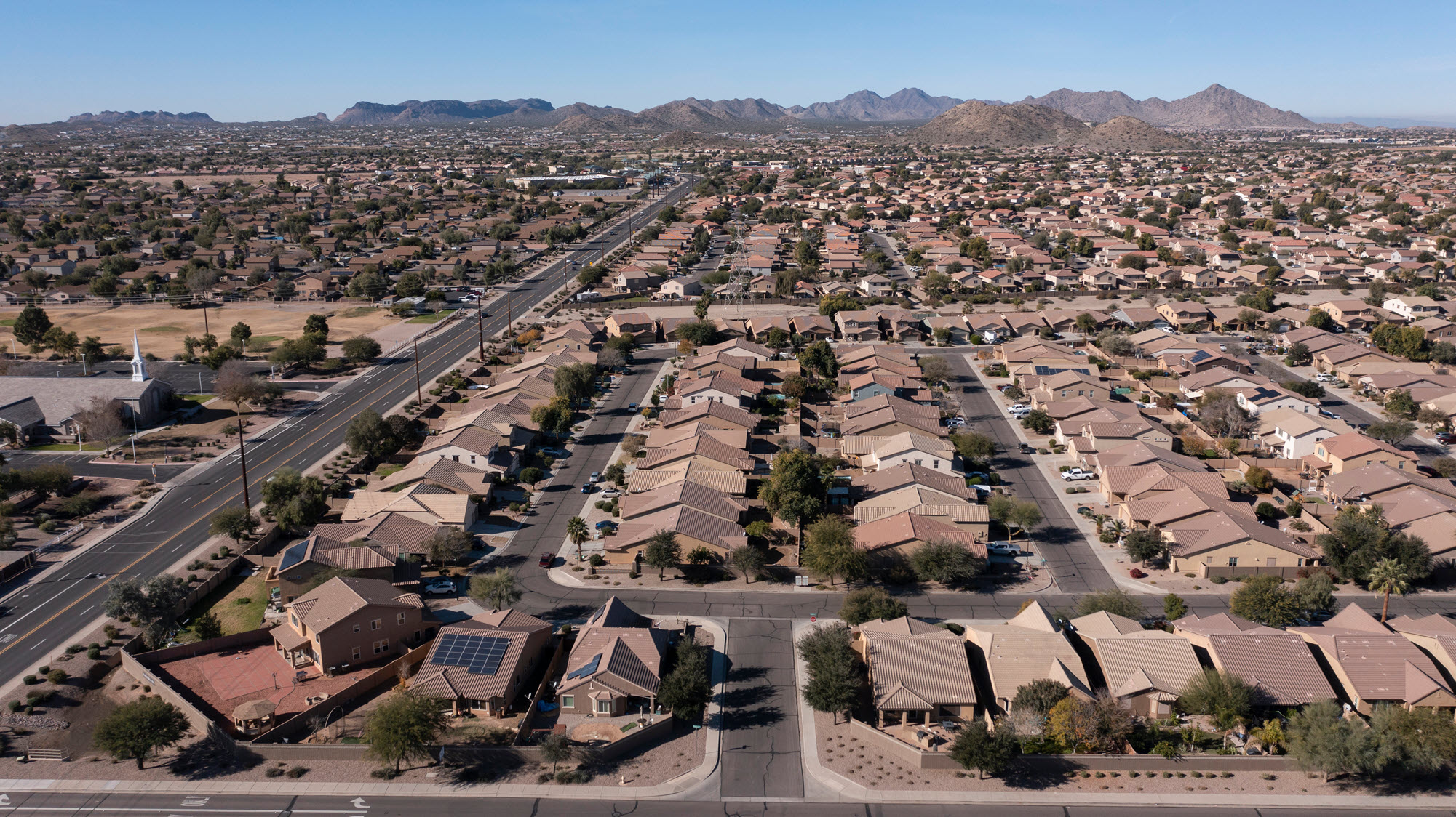 Daytime aerial view of the community of San Tan Valley, Arizona.