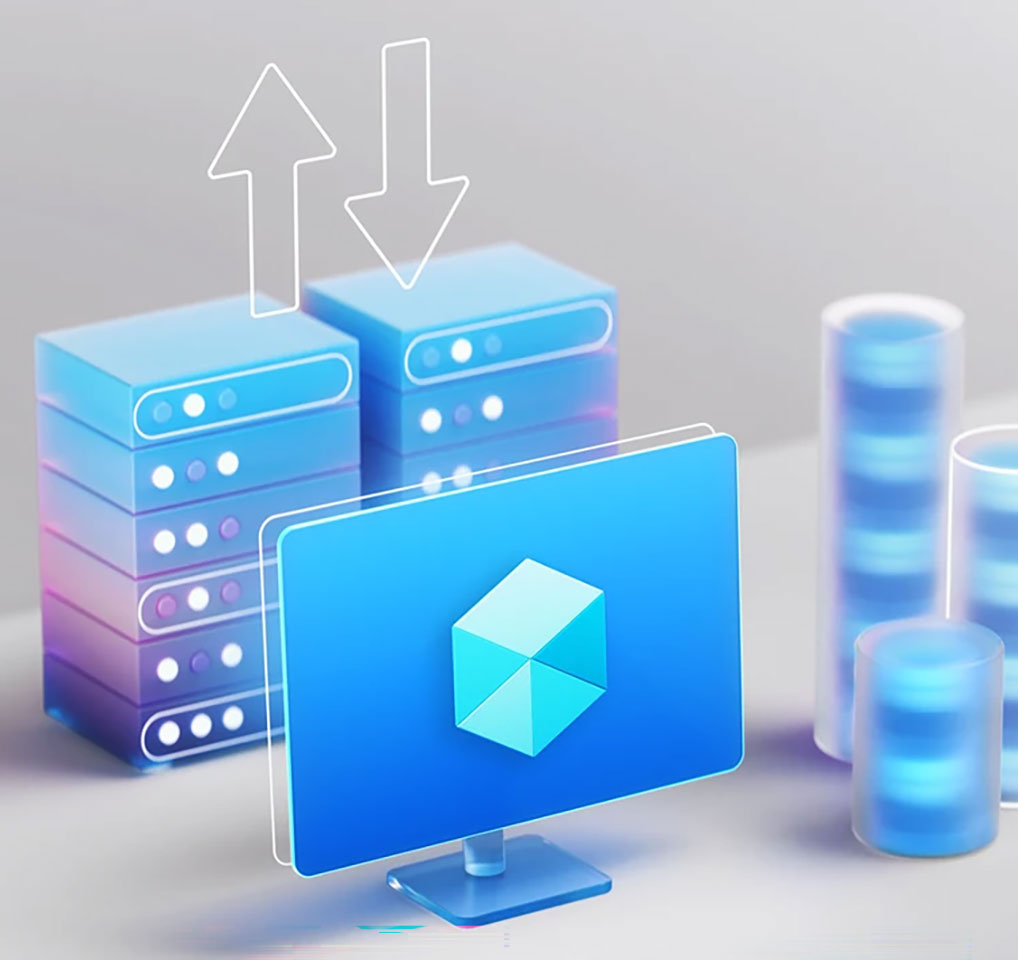 Graphic representations of a computer monitor and data storage entities