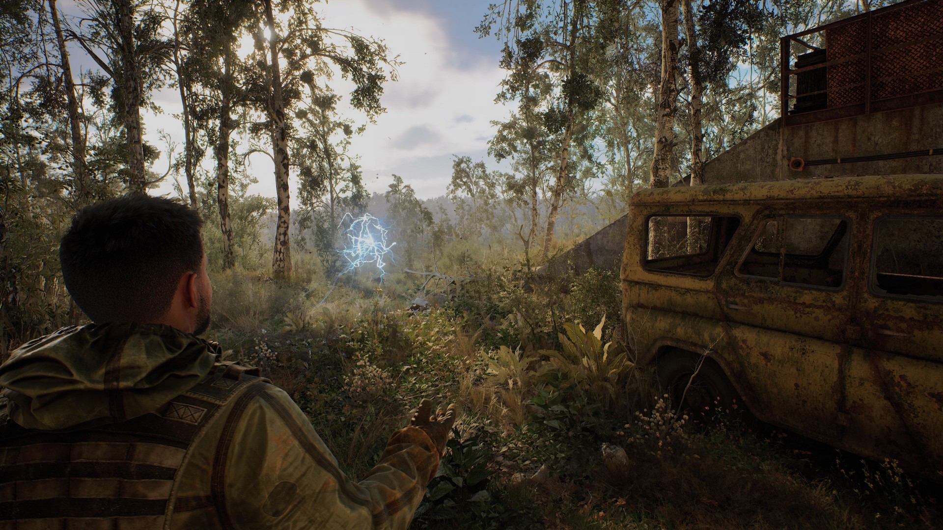 Screenshot from STALKER 2 showing forested area and unusual being