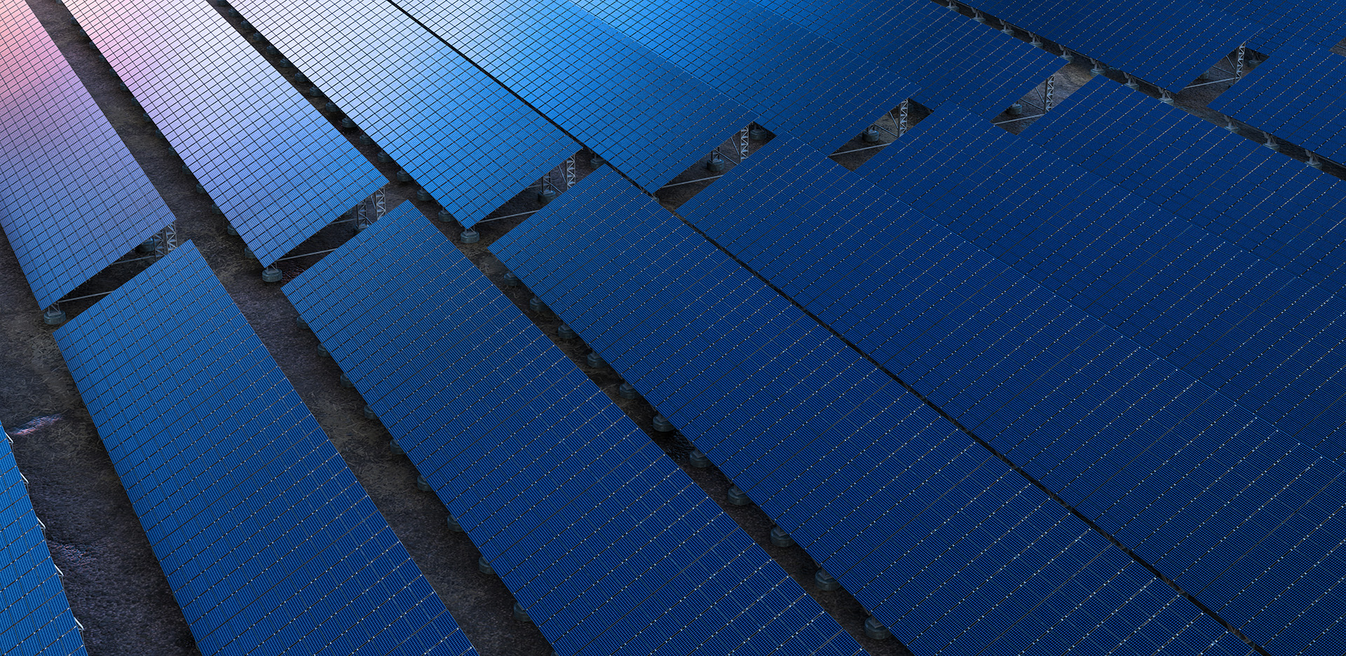 Rows of blue solar panels. The panels reflect a gradient of pink and blue hues.