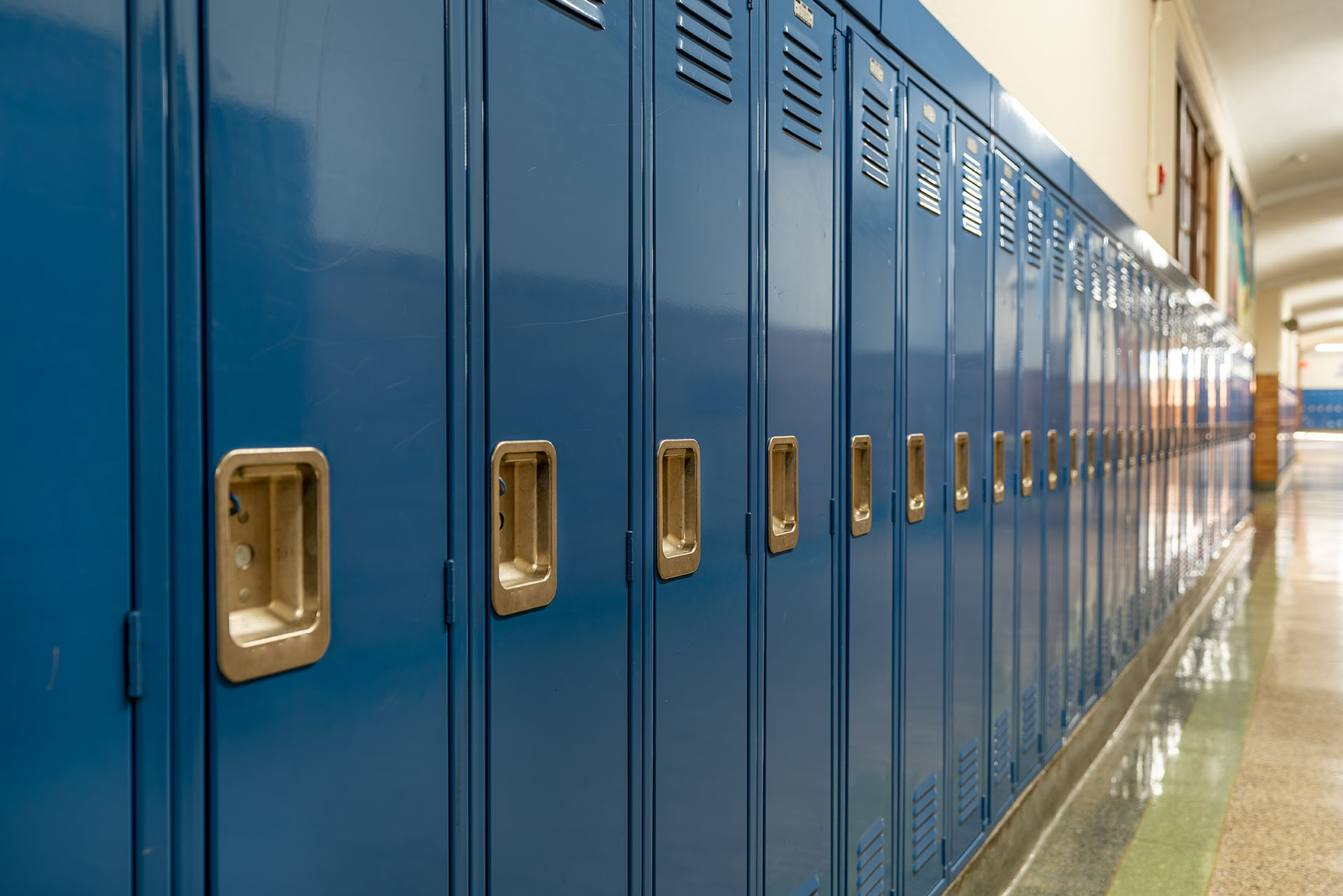 A row of blue metal lockers with gold-colored handles lining a school hallway, reflecting the polished floor under soft lighting.