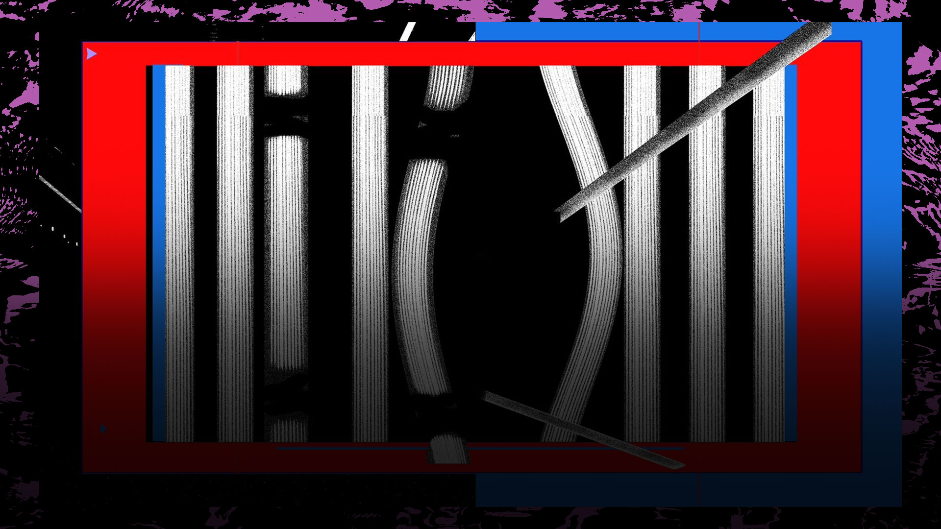 Abstract artwork featuring vertical black and white striped patterns with a curved line intersecting them. The composition is framed by bold red and blue borders, set against a dark background with purple textured elements.