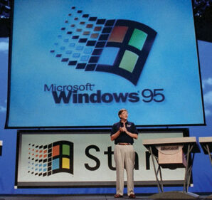 Bill Gates onstage at the launch of Windows 95