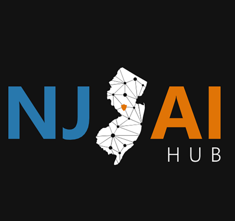 The letters NJ and AI Hub with an outline of the state of New Jersey in the middle