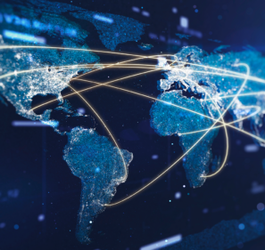 View of Earth with lines representing communication between various locations