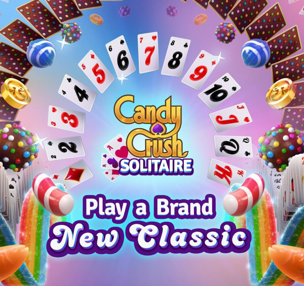 Graphic elements from Candy Crush and Solitaire, along with text reading Play a brand new classic