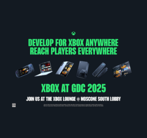 A wide array of gaming devices along with text reading Xbox at GDC 2025: Develop for Xbox anywhere, reach players everywhere.