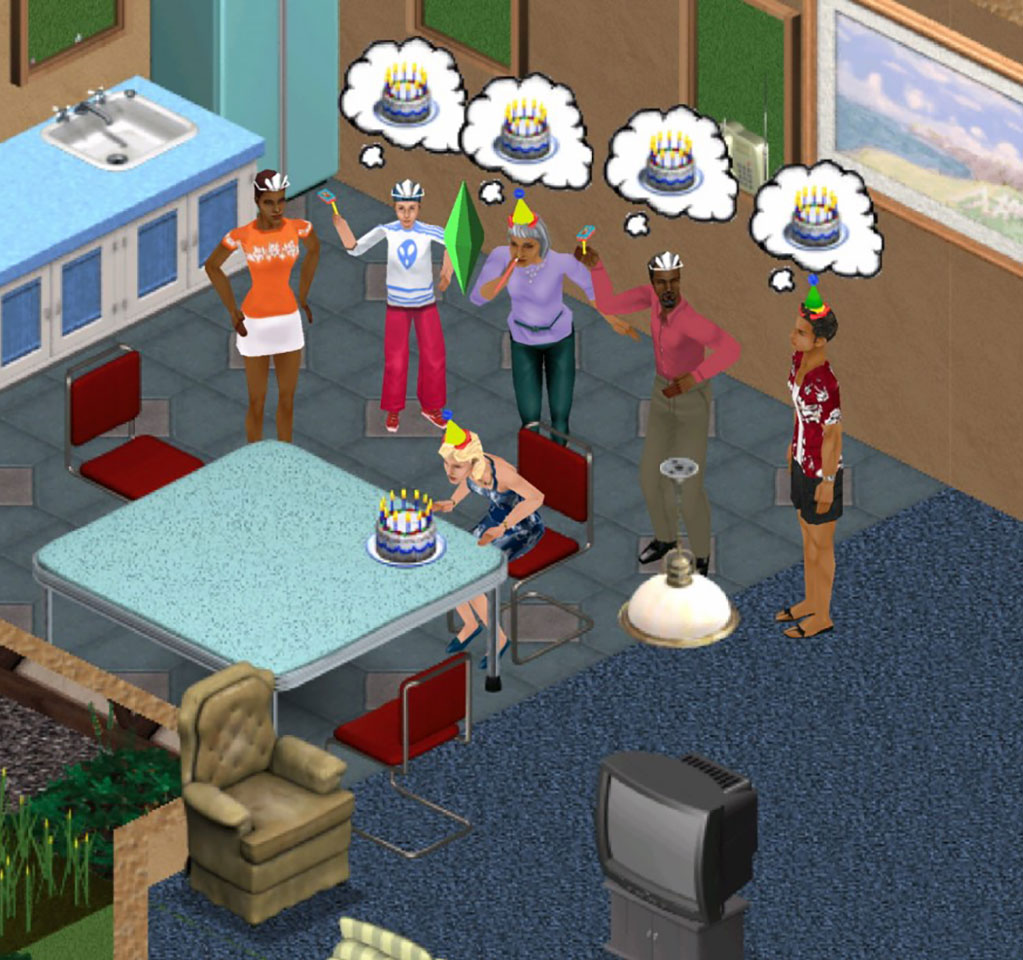 A character from The Sims blows out candles on a birthday cake as other characters look on