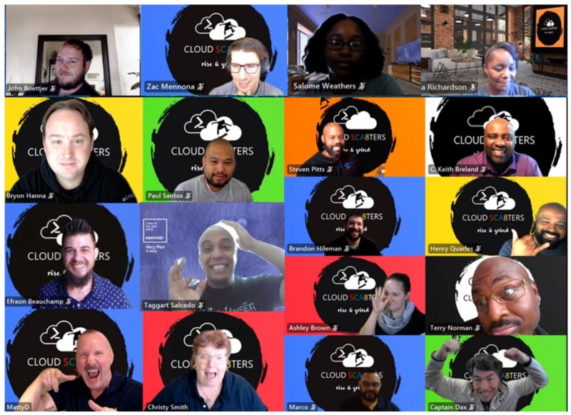 Video conference grid showing multiple participants with "Cloud Crafters" logos on various colored backgrounds.