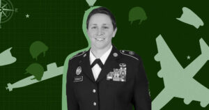 Stylized portrait of Army officer in dress uniform against green military-themed background.